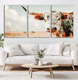 72766375-MGV-CV-36X24-Texas Longhorn Wall Art Canvas Print, Framed Spotted Cow Art Picture Print, Horned Cattle Perfect Rustic Western Decor Artwork