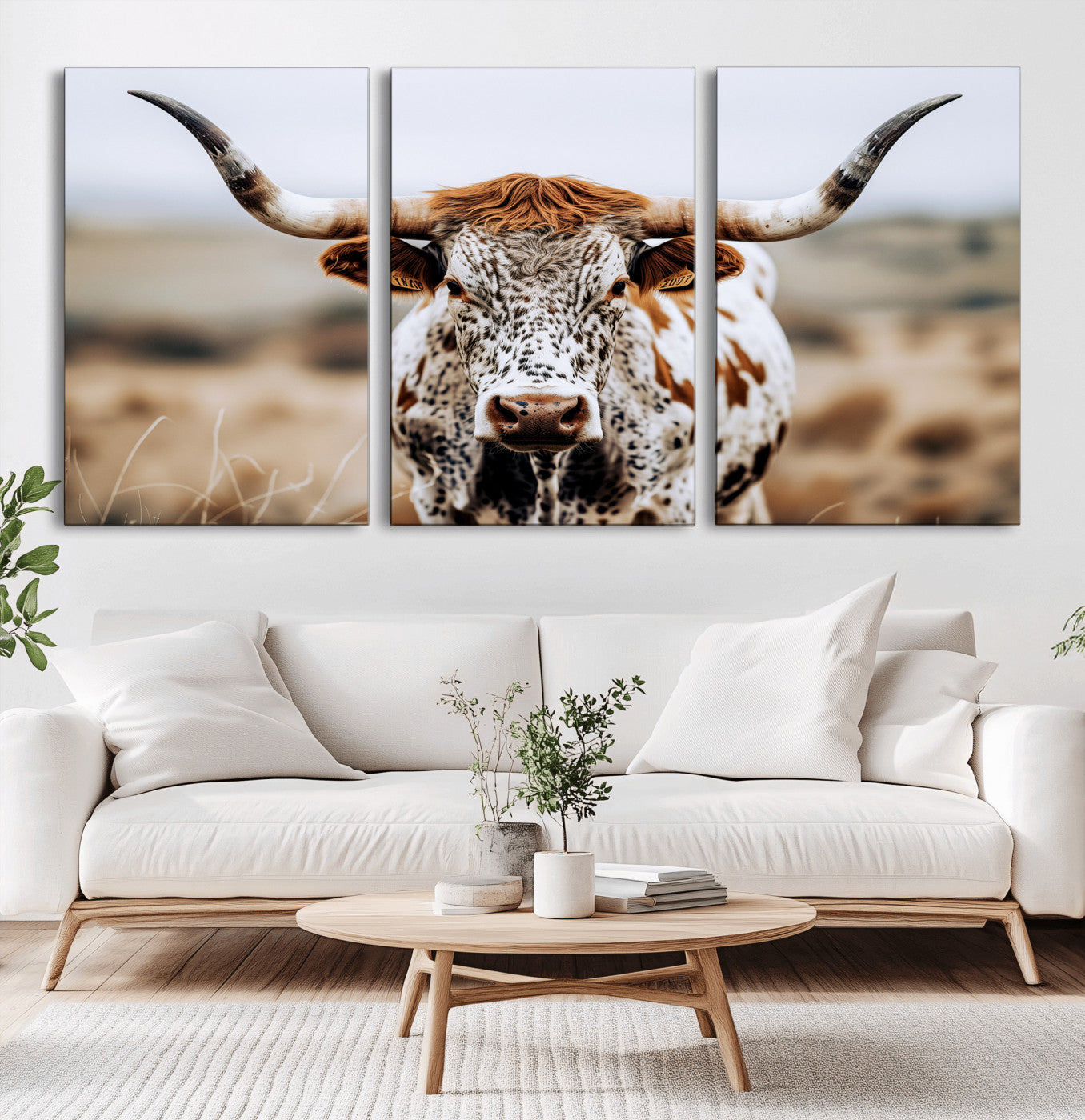 76294381-MGV-CV-36X24-Texas Longhorn Wall Art Canvas Print, Framed Spotted Cow Art Picture Print, Horned Cattle Perfect Rustic Western Decor Artwork
