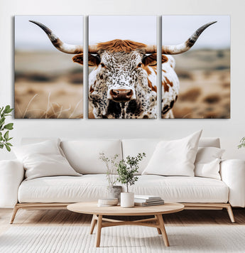 76294381-MGV-CV-36X24-Texas Longhorn Wall Art Canvas Print, Framed Spotted Cow Art Picture Print, Horned Cattle Perfect Rustic Western Decor Artwork