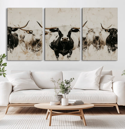 12027562-MGV-CV-36X24-Longhorn Cattle Wall Art Canvas Print, Framed Bison Herd Art Picture Print, Cattle Group Perfect Rustic Farmhouse Decor Artwork