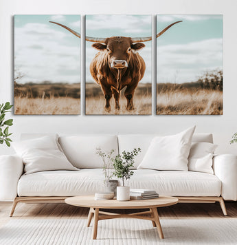 39350715-MGV-CV-36X24-Texas Longhorn Wall Art Canvas Print, Framed Longhorn Cow Art Picture Print, Western Cattle Perfect Rustic Western Decor Artwork