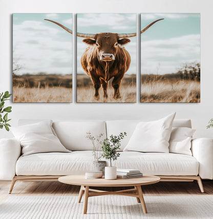 39350715-MGV-CV-36X24-Texas Longhorn Wall Art Canvas Print, Framed Longhorn Cow Art Picture Print, Western Cattle Perfect Rustic Western Decor Artwork