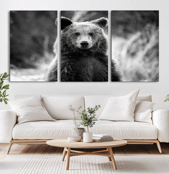 MGV-CV-60X30-3P - Grizzly Bear Wall Art Canvas Print, Framed Black White Bear Art Picture Print, Wild Bear Perfect Rustic Wildlife Decor Artwork