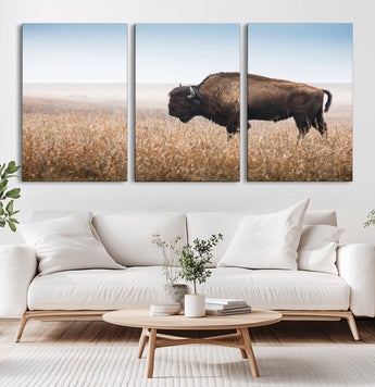 91267849-MGV-CV-36X24-Wild Bison Wall Art Canvas Print, Framed Bison in Prairie Art Picture Print, Rustic Western Perfect Rustic Western Decor Artwork