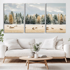 64188182-MGV-CV-36X24-Elk Herd Wall Art Canvas Print, Framed Snowy Forest Art Picture Print, Forest Elks Perfect Neutral Rustic Decor Artwork