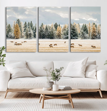64188182-MGV-CV-36X24-Elk Herd Wall Art Canvas Print, Framed Snowy Forest Art Picture Print, Forest Elks Perfect Neutral Rustic Decor Artwork
