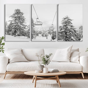 55003599-MGV-CV-36X24-Snowy Ski Lift Wall Art Canvas Print, Framed Winter Forest Art Picture Print, Ski lift Ride Perfect Winter Lodge Decor Artwork
