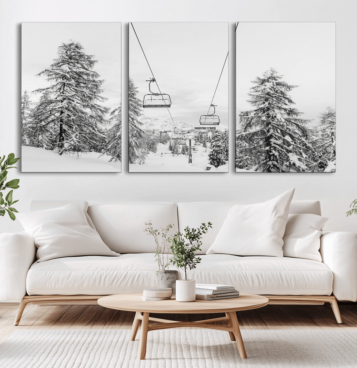 55003599-MGV-CV-36X24-Snowy Ski Lift Wall Art Canvas Print, Framed Winter Forest Art Picture Print, Ski lift Ride Perfect Winter Lodge Decor Artwork