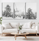 55003599-MGV-CV-36X24-Snowy Ski Lift Wall Art Canvas Print, Framed Winter Forest Art Picture Print, Ski lift Ride Perfect Winter Lodge Decor Artwork