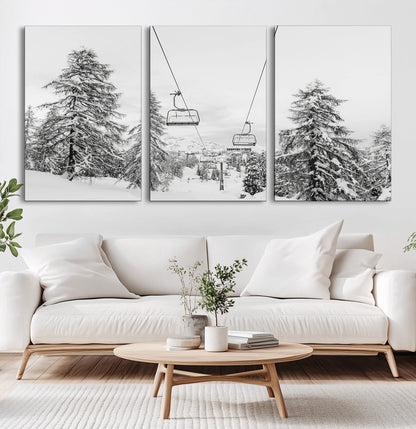 55003599-MGV-CV-36X24-Snowy Ski Lift Wall Art Canvas Print, Framed Winter Forest Art Picture Print, Ski lift Ride Perfect Winter Lodge Decor Artwork