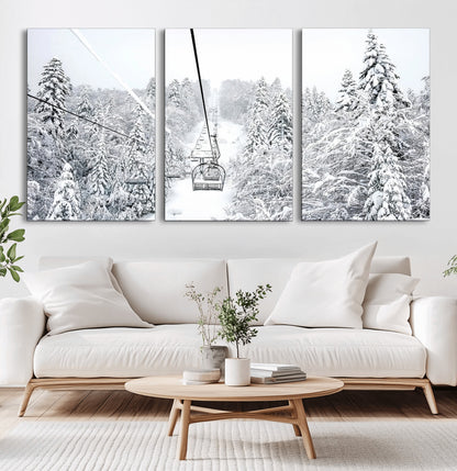 60296839-MGV-CV-36X24-Snowy Mountains Wall Art Canvas Print, Framed Ski Lift Art Picture Print, Winter Forest Perfect Winter Minimalist Decor Artwork
