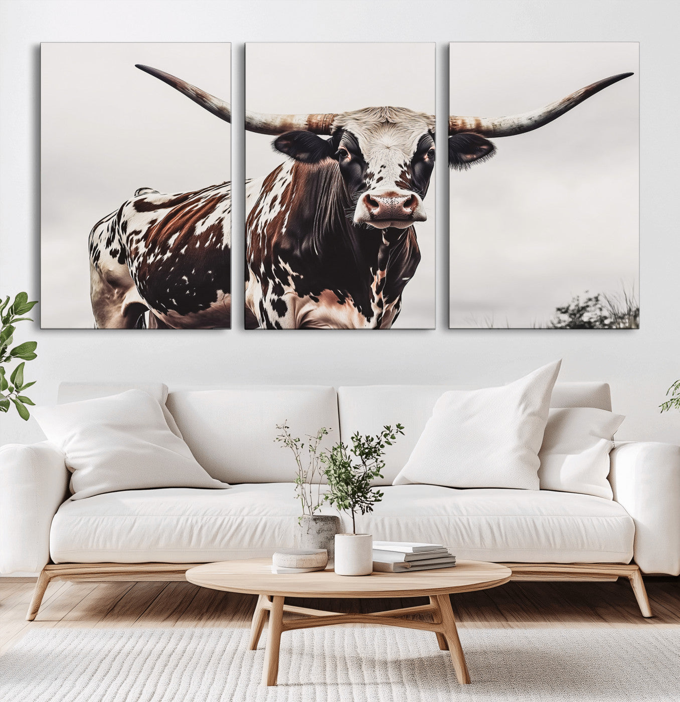 95249234-MGV-CV-36X24-Texas Longhorn Wall Art Canvas Print, Framed Spotted Bull Art Picture Print, Horned Cattle Perfect Rustic Farmhouse Decor Artwork