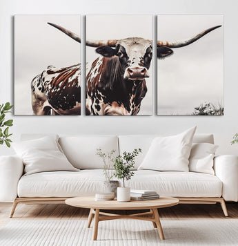 95249234-MGV-CV-36X24-Texas Longhorn Wall Art Canvas Print, Framed Spotted Bull Art Picture Print, Horned Cattle Perfect Rustic Farmhouse Decor Artwork