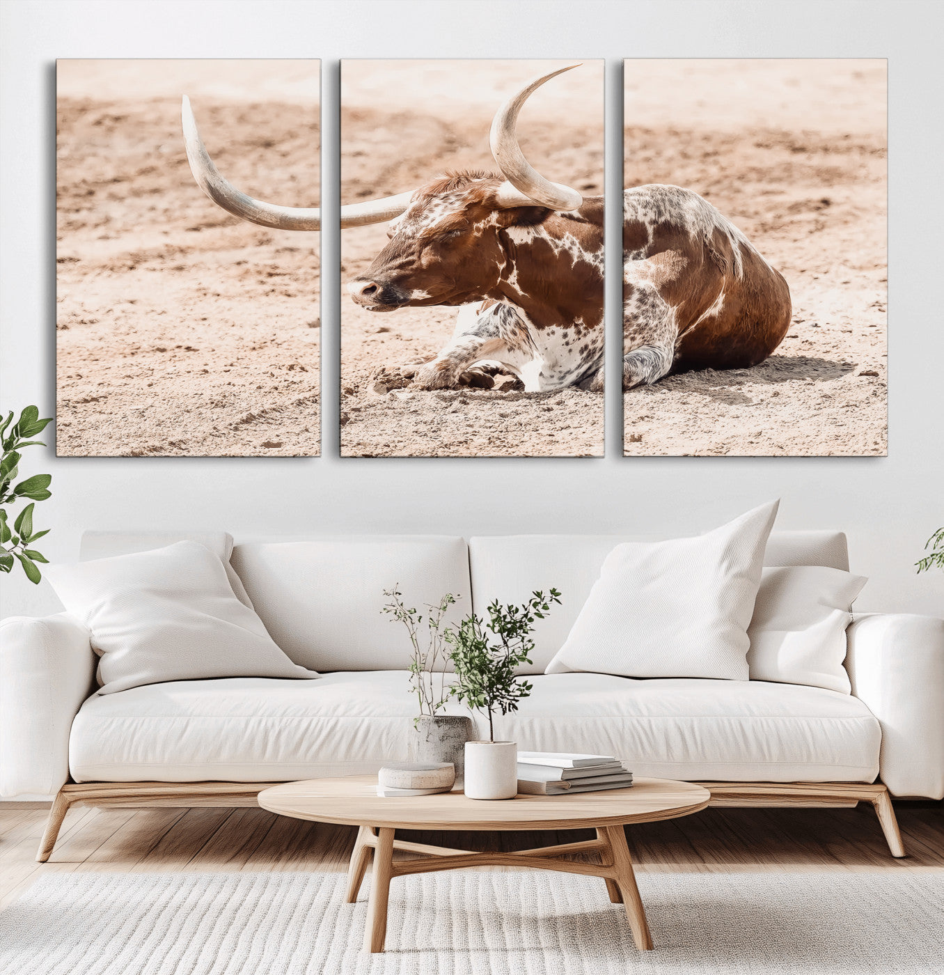 91248682-MGV-CV-36X24-Texas Longhorn Wall Art Canvas Print, Framed Resting Bull Art Picture Print, Spotted Cattle Perfect Rustic Western Decor Artwork