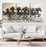56089591-MGV-CV-60X30-3P-Galloping Horses Wall Art Canvas Print, Framed Wild Stallions Art Picture Print, Horse Herd Sketch Perfect Monochrome Dynamic