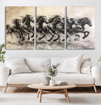 56089591-MGV-CV-60X30-3P-Galloping Horses Wall Art Canvas Print, Framed Wild Stallions Art Picture Print, Horse Herd Sketch Perfect Monochrome Dynamic