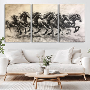 56089591-MGV-CV-36X24-Galloping Horses Wall Art Canvas Print, Framed Wild Stallions Art Picture Print, Horse Herd Sketch Perfect Monochrome Dynamic