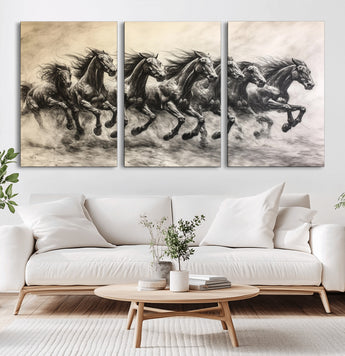 56089591-MGV-CV-36X24-Galloping Horses Wall Art Canvas Print, Framed Wild Stallions Art Picture Print, Horse Herd Sketch Perfect Monochrome Dynamic