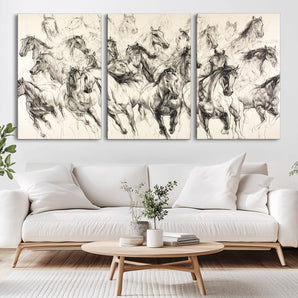 19433417-MGV-CV-36X24-Running Horses Wall Art Canvas Print, Framed Horse Sketch Art Picture Print, Galloping Herd Perfect Monochrome Western Decor