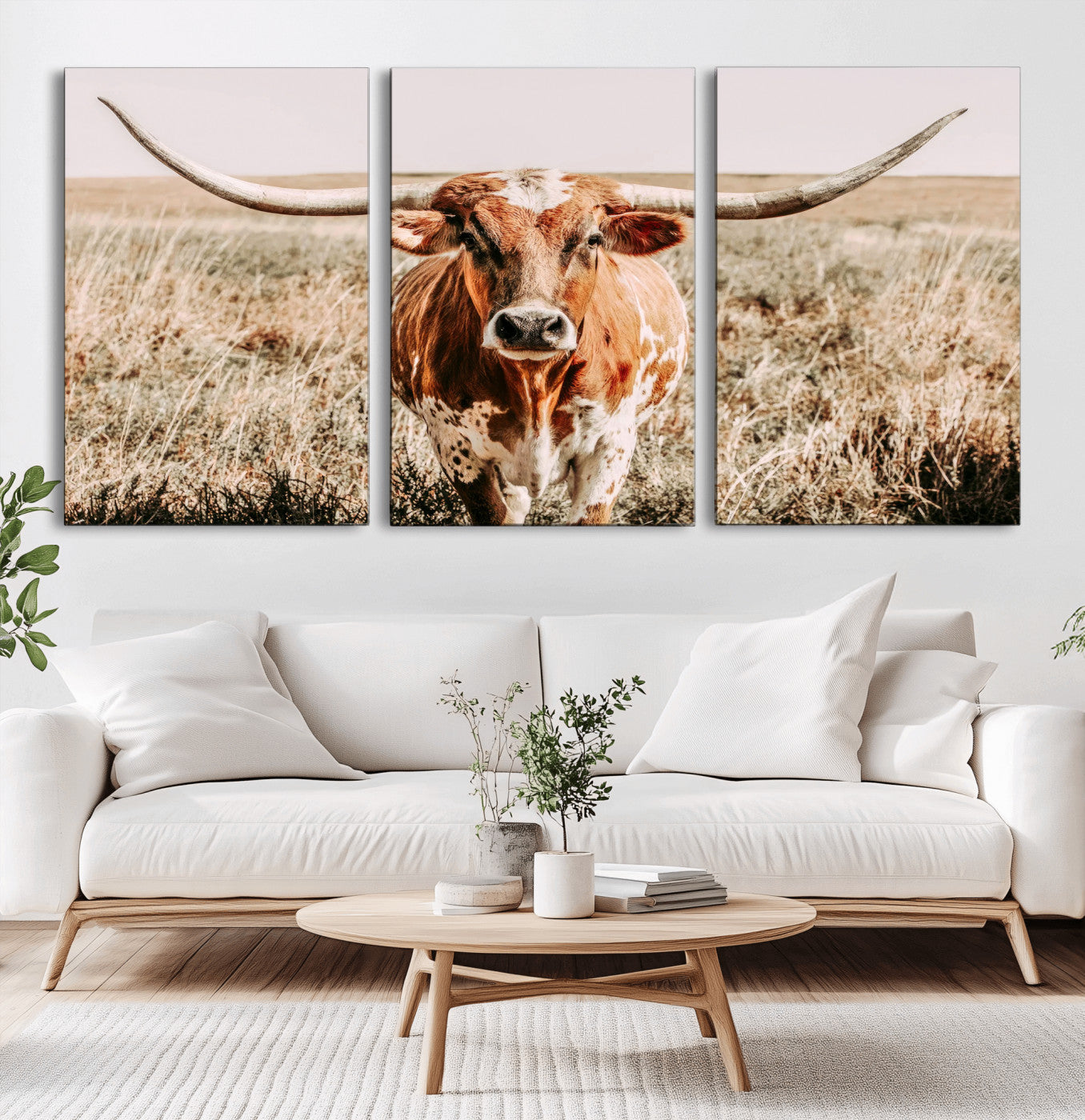 54986862-MGV-CV-60X30-3P-Majestic Longhorn Wall Art – Canvas Print of Graceful Strength & Bold Spirit, Wild Plains Beauty Nature Inspired Rustic Decor for