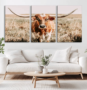 54986862-MGV-CV-60X30-3P-Majestic Longhorn Wall Art – Canvas Print of Graceful Strength & Bold Spirit, Wild Plains Beauty Nature Inspired Rustic Decor for