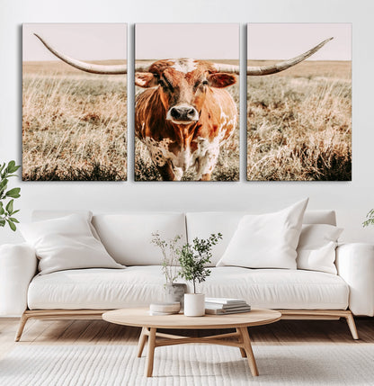 54986862-MGV-CV-60X30-3P-Majestic Longhorn Wall Art – Canvas Print of Graceful Strength & Bold Spirit, Wild Plains Beauty Nature Inspired Rustic Decor for