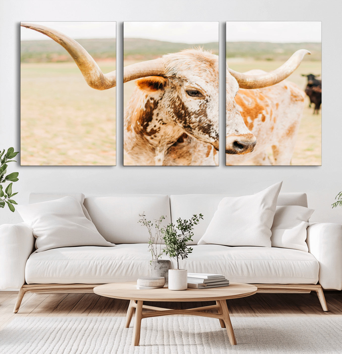 21060648-MGV-CV-36X24-Texas Longhorn Wall Art Canvas Print, Framed Speckled Cow Art Picture Print, Rustic Bull Perfect Rustic Western Decor Artwork