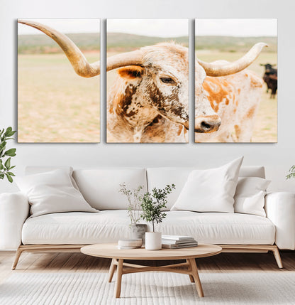 21060648-MGV-CV-36X24-Texas Longhorn Wall Art Canvas Print, Framed Speckled Cow Art Picture Print, Rustic Bull Perfect Rustic Western Decor Artwork