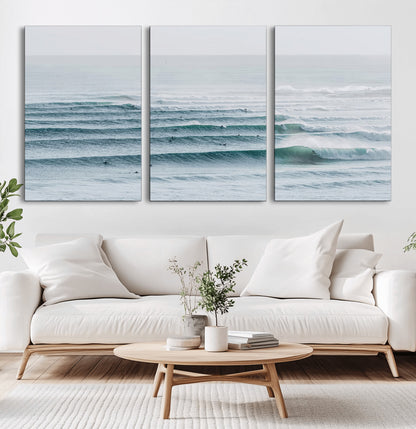 73969318-MGV-CV-60X30-3P-Ocean Waves Wall Art Canvas Print, Framed Surfer Lineup Art Picture Print, Crowded Ocean Perfect Minimal Coastal Decor Artwork