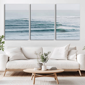 73969318-MGV-CV-36X24-Ocean Waves Wall Art Canvas Print, Framed Surfer Lineup Art Picture Print, Crowded Ocean Perfect Minimal Coastal Decor Artwork