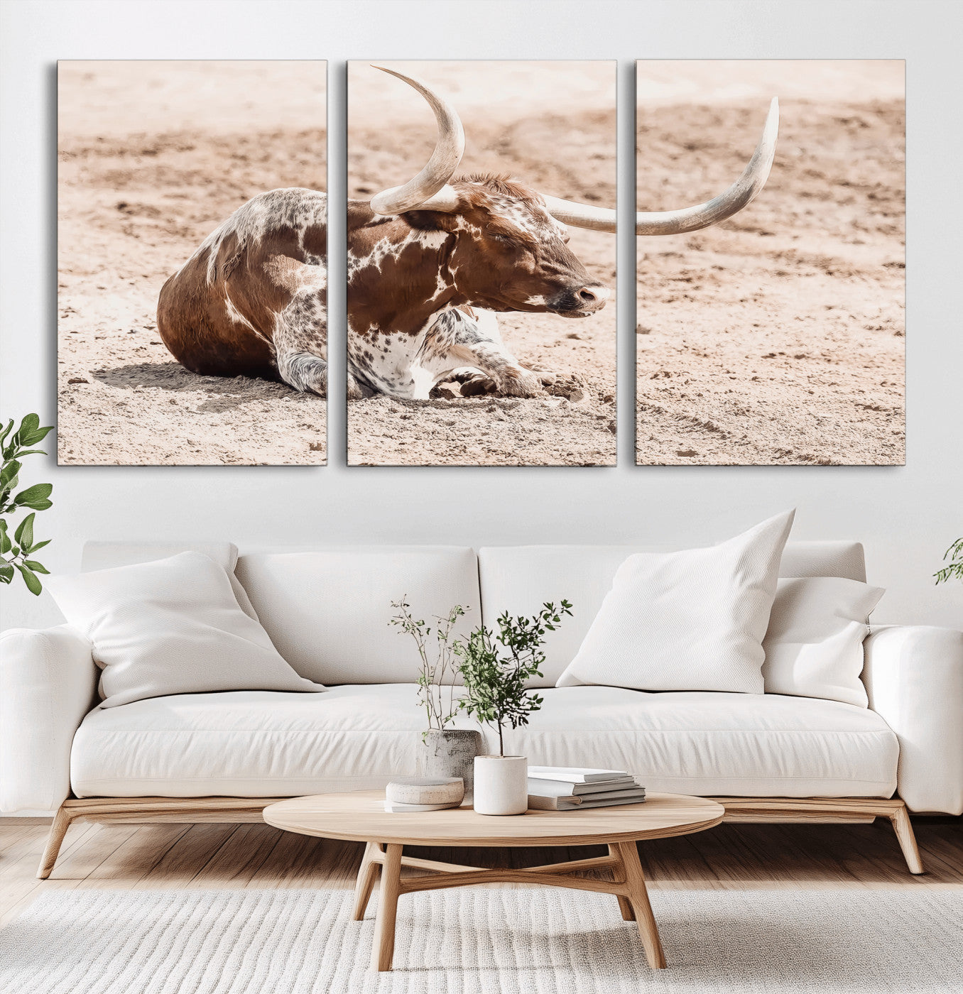 25407592-MGV-CV-60X30-3P-Texas Longhorn Wall Art Canvas Print, Framed Resting Bull Art Picture Print, Spotted Cattle Perfect Rustic Western Decor Artwork