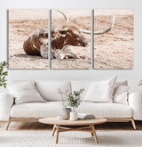 25407592-MGV-CV-60X30-3P-Texas Longhorn Wall Art Canvas Print, Framed Resting Bull Art Picture Print, Spotted Cattle Perfect Rustic Western Decor Artwork