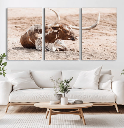 25407592-MGV-CV-60X30-3P-Texas Longhorn Wall Art Canvas Print, Framed Resting Bull Art Picture Print, Spotted Cattle Perfect Rustic Western Decor Artwork