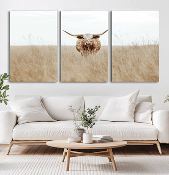 20927060-MGV-CV-60X30-3P-Texas Longhorn Wall Art Canvas Print, Framed Lone Cattle Art Picture Print, Longhorn Bull Perfect Rustic Western Decor Artwork