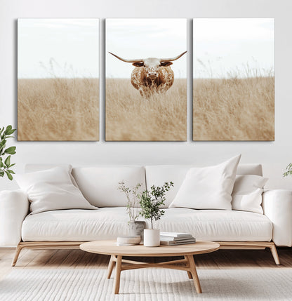 20927060-MGV-CV-36X24-Texas Longhorn Wall Art Canvas Print, Framed Lone Cattle Art Picture Print, Longhorn Bull Perfect Rustic Western Decor Artwork