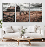 73898372-MGV-CV-60X30-3P-Rustic Barn Wall Art Canvas Print, Framed Moody Field Art Picture Print, Weathered Fence Perfect Moody Farmhouse Decor Artwork