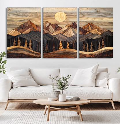 50100230-MGV-CV-36X24-Wooden Mountain Wall Art – Rustic Nature Landscape Canvas Print, Handmade Style Sun, Forest, and Peaks Artwork for Living Room,