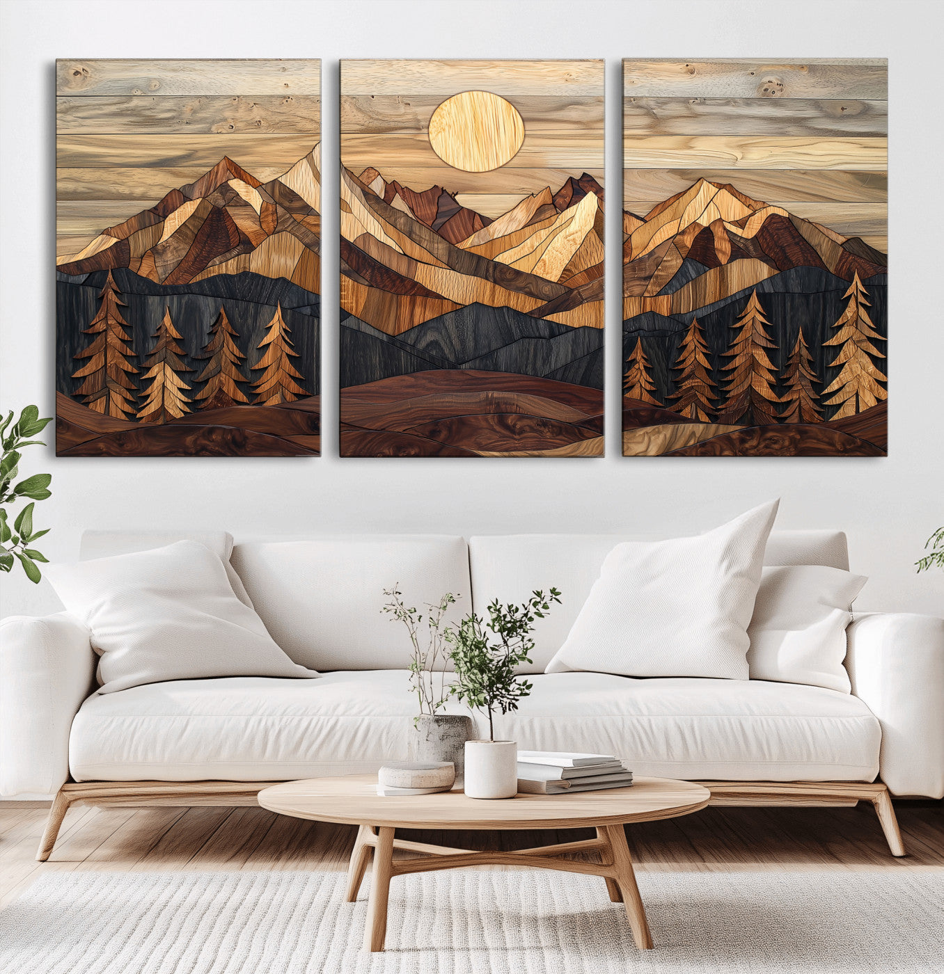 39116082-MGV-CV-60X30-3P-Wood Mountain Landscape Wall Art Canvas Print, Framed Sunset Hills Art Picture Print, Abstract Nature Perfect Boho Decor Artwork