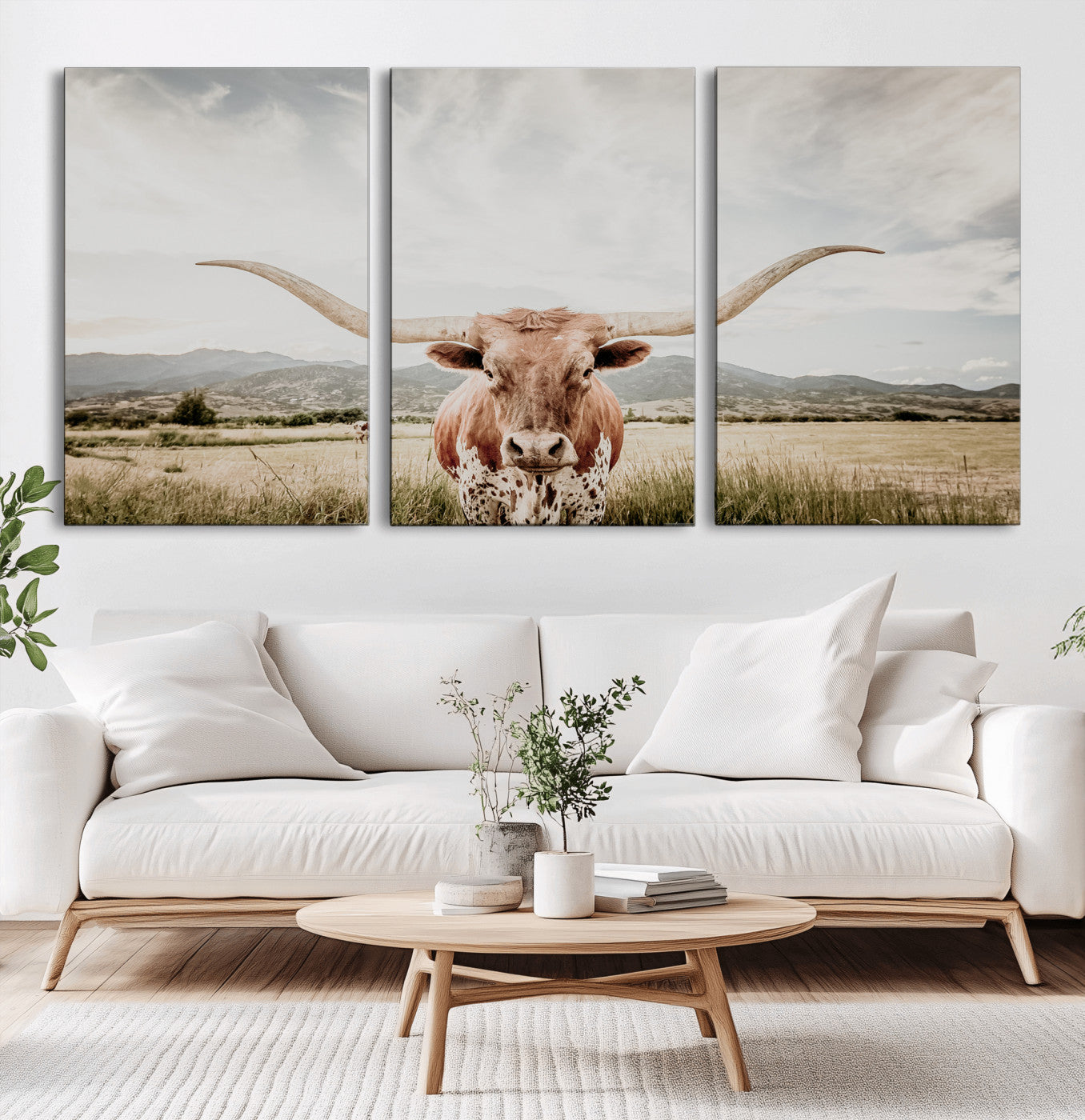 80054319-MGV-CV-60X30-3P-Texas Longhorn Wall Art Canvas Print, Framed Western Cow Art Picture Print, Rustic Farmhouse Perfect Farmhouse Decor Artwork