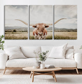 80054319-MGV-CV-60X30-3P-Texas Longhorn Wall Art Canvas Print, Framed Western Cow Art Picture Print, Rustic Farmhouse Perfect Farmhouse Decor Artwork