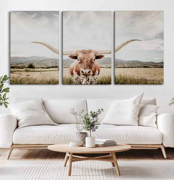 80054319-MGV-CV-60X30-3P-Texas Longhorn Wall Art Canvas Print, Framed Western Cow Art Picture Print, Rustic Farmhouse Perfect Farmhouse Decor Artwork