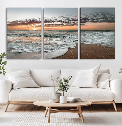 40632752-MGV-CV-60X30-3P-Ocean Sunset Wall Art Canvas Print, Framed Beach Waves Art Picture Print, Coastal Scene Perfect Coastal Decor Artwork