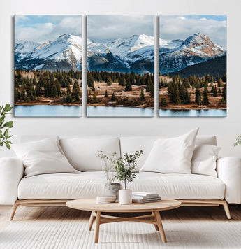 36247746-MGV-CV-36X24-Snowy Peaks Wall Art Canvas Print, Framed Alpine Lake Art Picture Print, Pine Forest Perfect Alpine Wilderness Decor Artwork