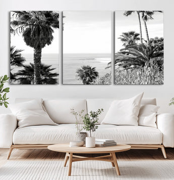 89458520-MGV-CV-60X30-3P-Palm Trees Wall Art Canvas Print, Framed Coastal View Art Picture Print, Ocean Horizon Perfect Monochrome Coast Decor Artwork
