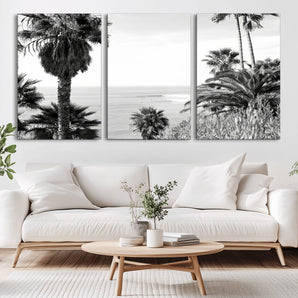 89458520-MGV-CV-36X24-Palm Trees Wall Art Canvas Print, Framed Coastal View Art Picture Print, Ocean Horizon Perfect Monochrome Coast Decor Artwork