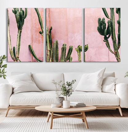93119502-MGV-CV-60X30-3P-Tall Cactus Wall Art Canvas Print, Framed Pink Wall Art Picture Print, Cactus Lines Perfect Modern Desert Decor Artwork