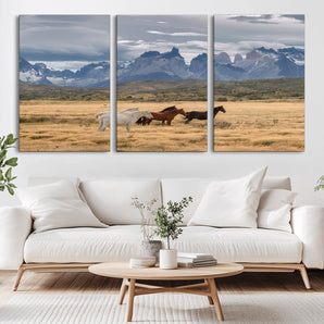 69960232-MGV-CV-36X24-Wild Horses Wall Art Canvas Print, Framed Patagonian Peaks Art Picture Print, Torres del Paine Perfect Rustic Patagonian Decor