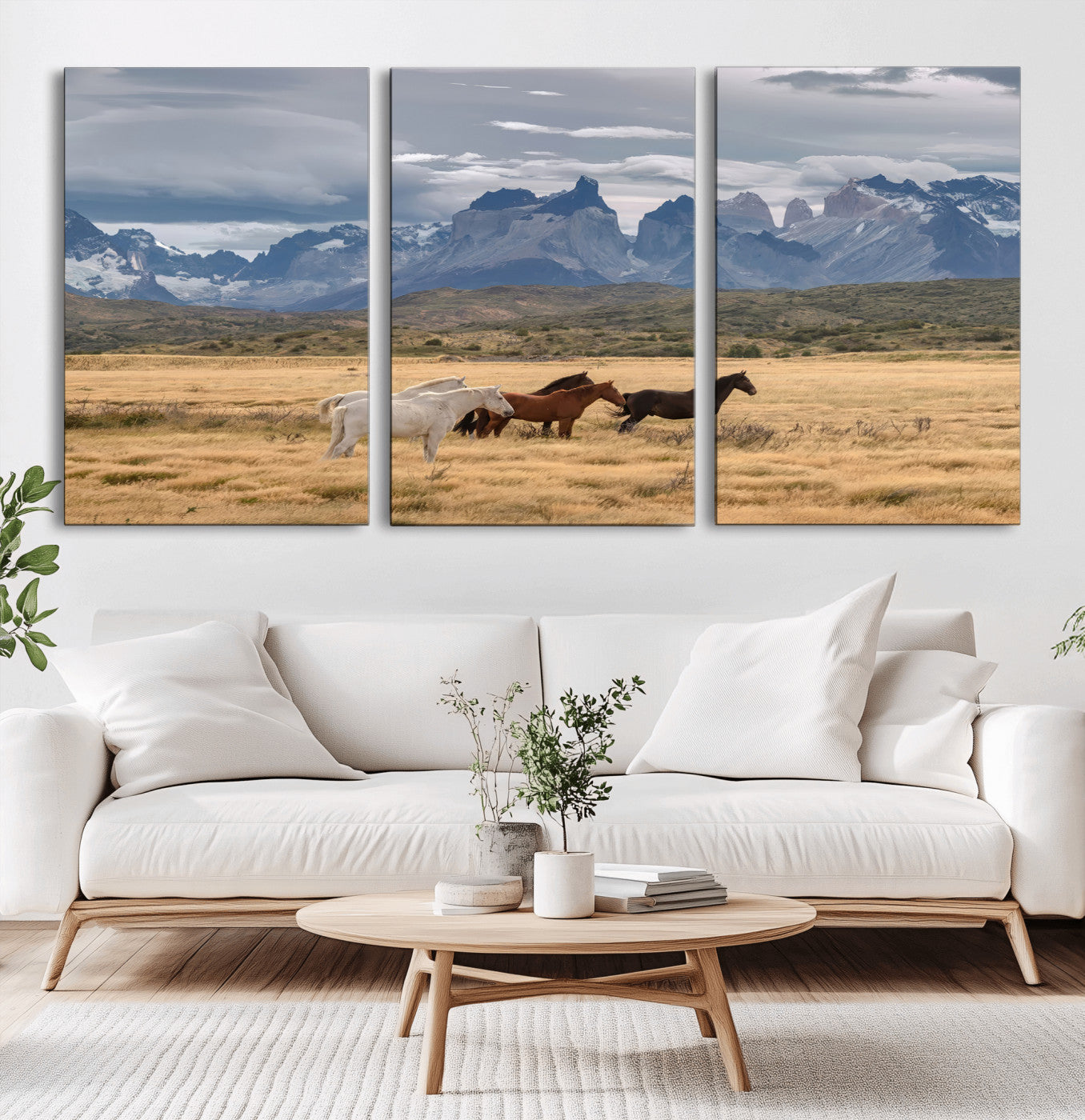 69960232-MGV-CV-36X24-Wild Horses Wall Art Canvas Print, Framed Patagonian Peaks Art Picture Print, Torres del Paine Perfect Rustic Patagonian Decor