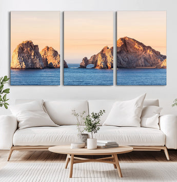 72996116-MGV-CV-60X30-3P-El Arco Wall Art Canvas Print, Framed Cabo Rocks Art Picture Print, Ocean Arch Perfect Golden Coastal Landmark Decor Artwork