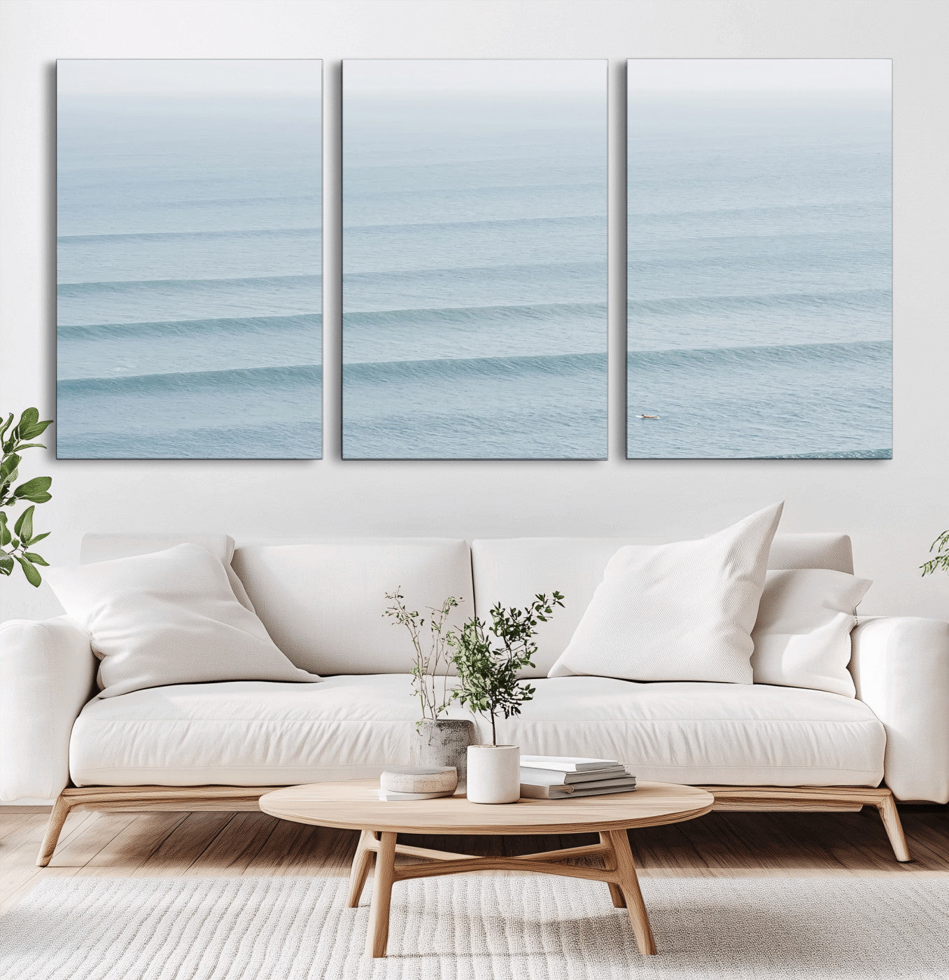 47814787-MGV-CV-60X30-3P-Ocean Waves Wall Art Canvas Print, Framed Solo Surfer Art Picture Print, Wave Lines Perfect Minimalist Ocean Decor Artwork